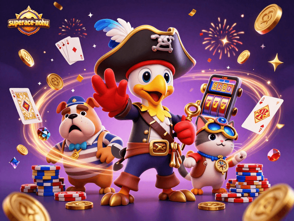 Engage in superace-nohu gameplay with vibrant visuals of pirate characters and casino elements.