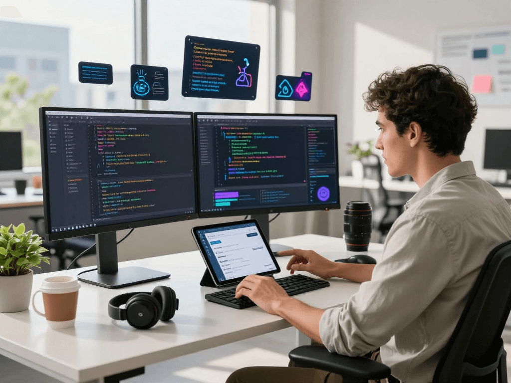 Software developer immersed in a spicy ai project at a modern desk surrounded by vibrant code displays and natural light.