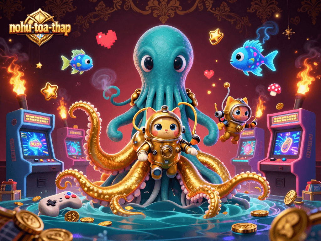Nohu-toa-thap showcases an epic gaming scene featuring a kraken, diving cat, and vibrant arcade machines.