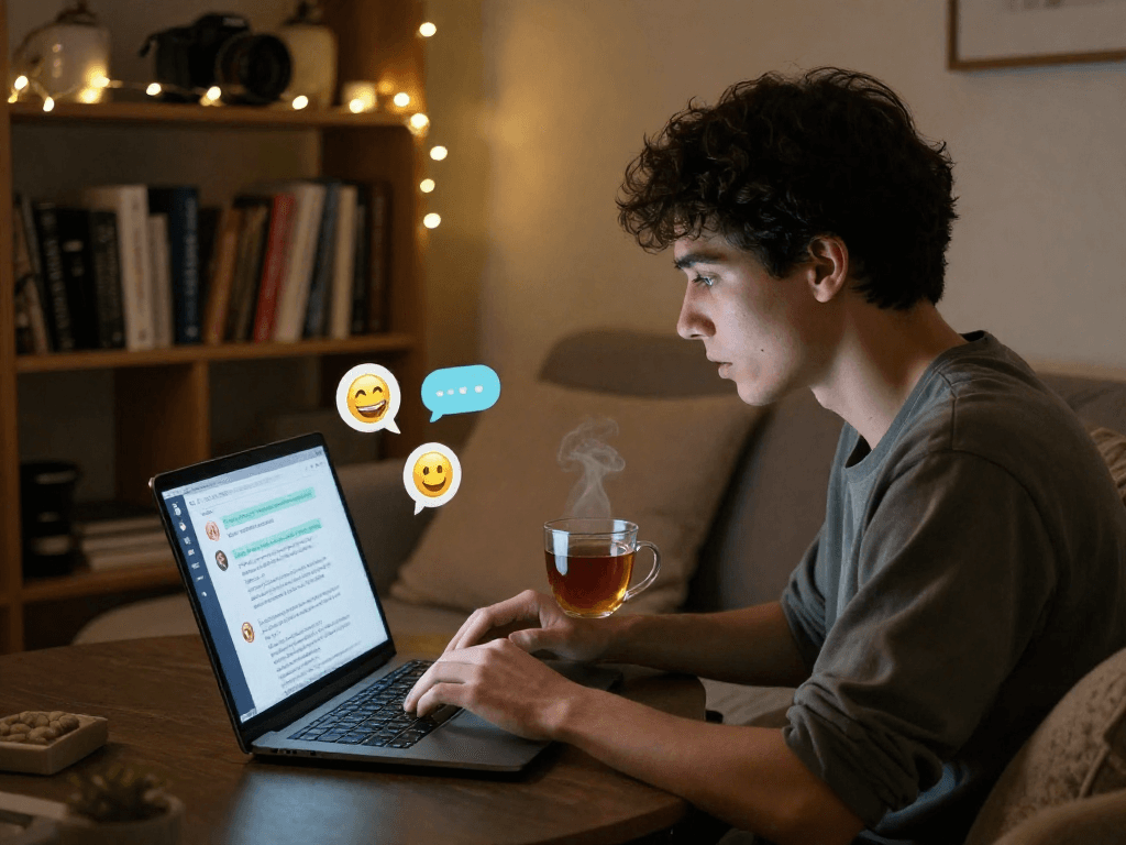 Engaging in an ai porn chat conversation in a cozy room.