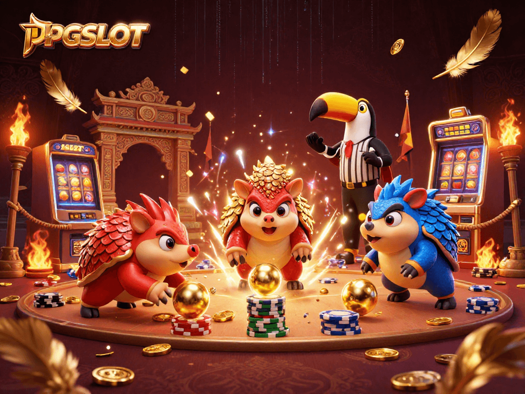 In a vibrant scene, rival pangolins compete in PGSLOT, surrounded by slot reels and poker chips.