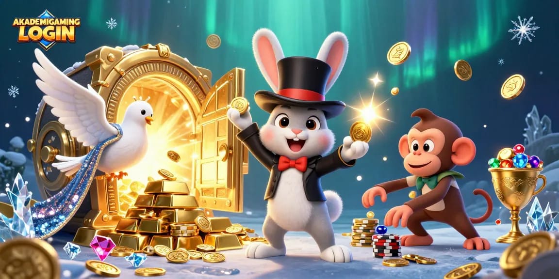 Engage with AKADEMIGAMING LOGIN as the rabbit casts gold coins, illuminating the world of online gaming.