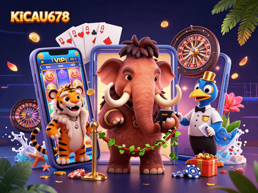KICAU678 showcases a vibrant scene with a mammoth bouncer and slot game excitement.