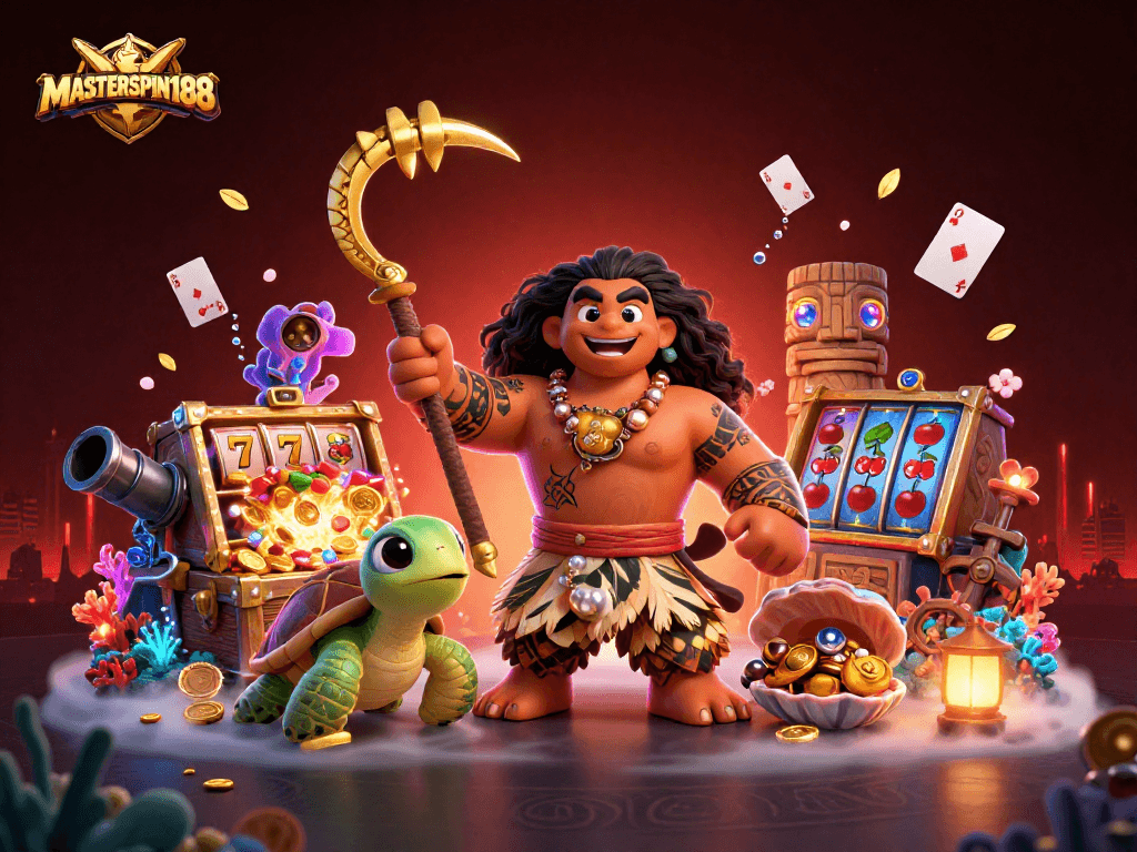 Experience thrilling gameplay with MASTERSPIN188 in a vibrant casino-themed illustration.