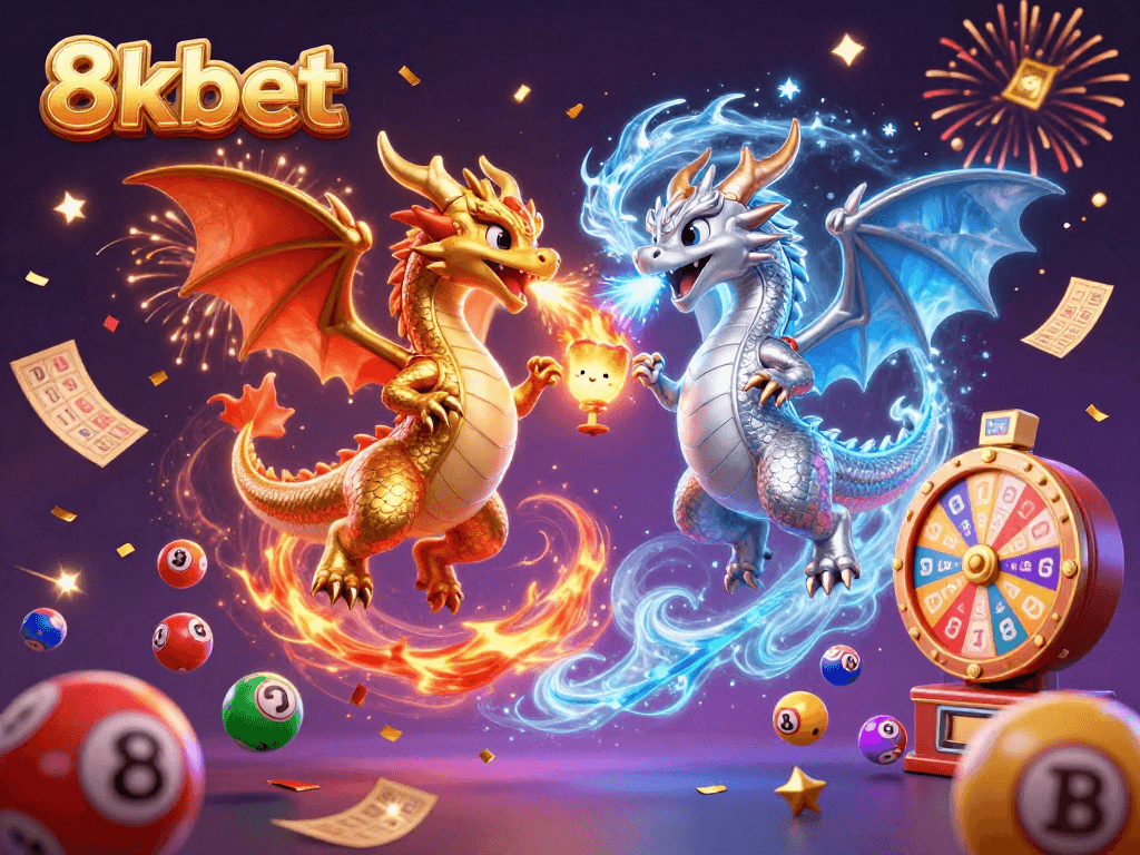 Engage with 8xbet's vibrant lottery and gaming experience featuring dynamic dragons and celebratory elements.