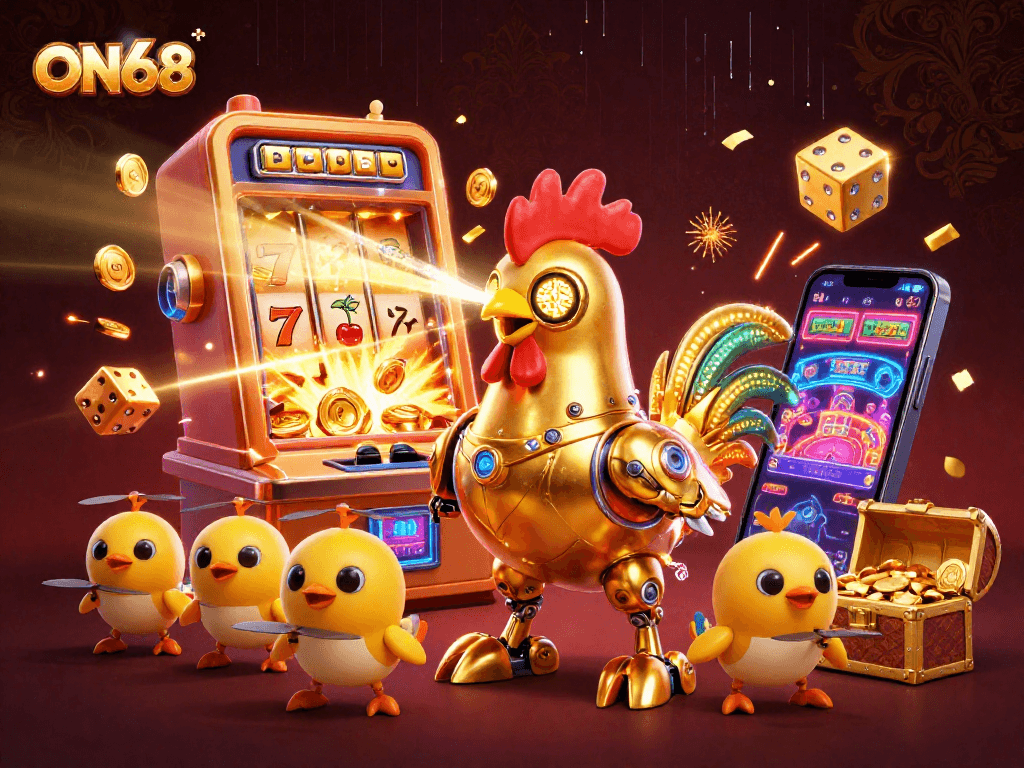 Engage with ON68 through a vibrant 3D scene showcasing a golden rooster robot and dynamic casino elements.