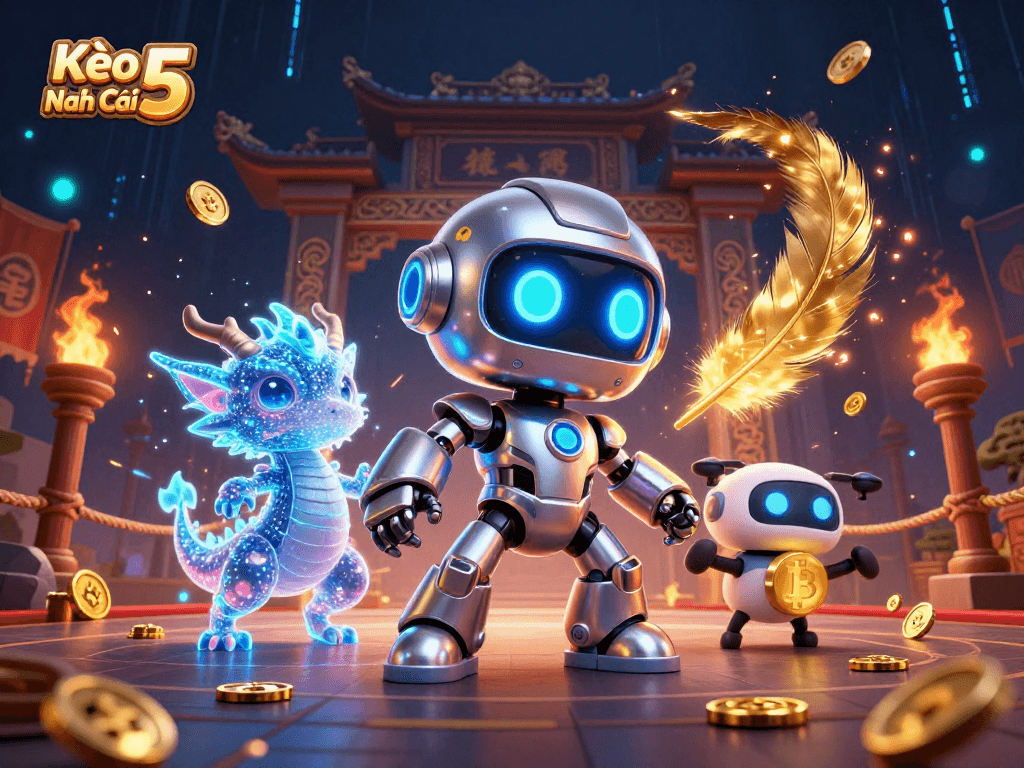Kèo Nhà Cái 5 showcases a vibrant scene with a cyberpunk robot and AI dragon in a dynamic casino illustration.