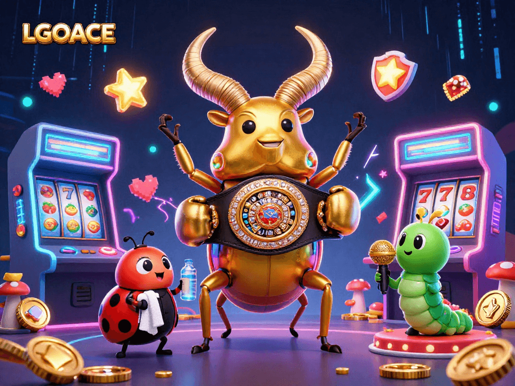 LGOACE showcases an energetic casino battle scene featuring cartoon beetles and vibrant game elements.