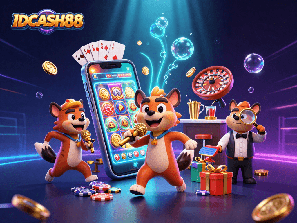Experience the excitement at IDCASH88 with lively hyenas in a comedic casino scene filled with vibrant slot game elements.