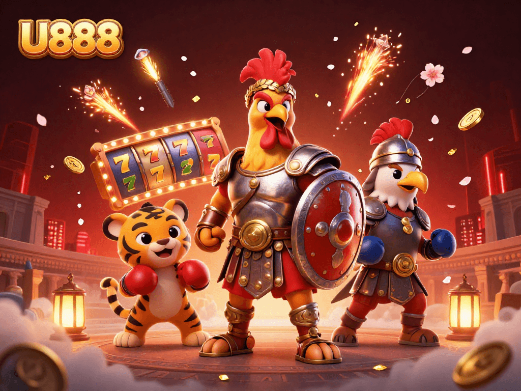 Experience thrilling slots action with U888 featuring a cartoon rooster and energetic casino elements.