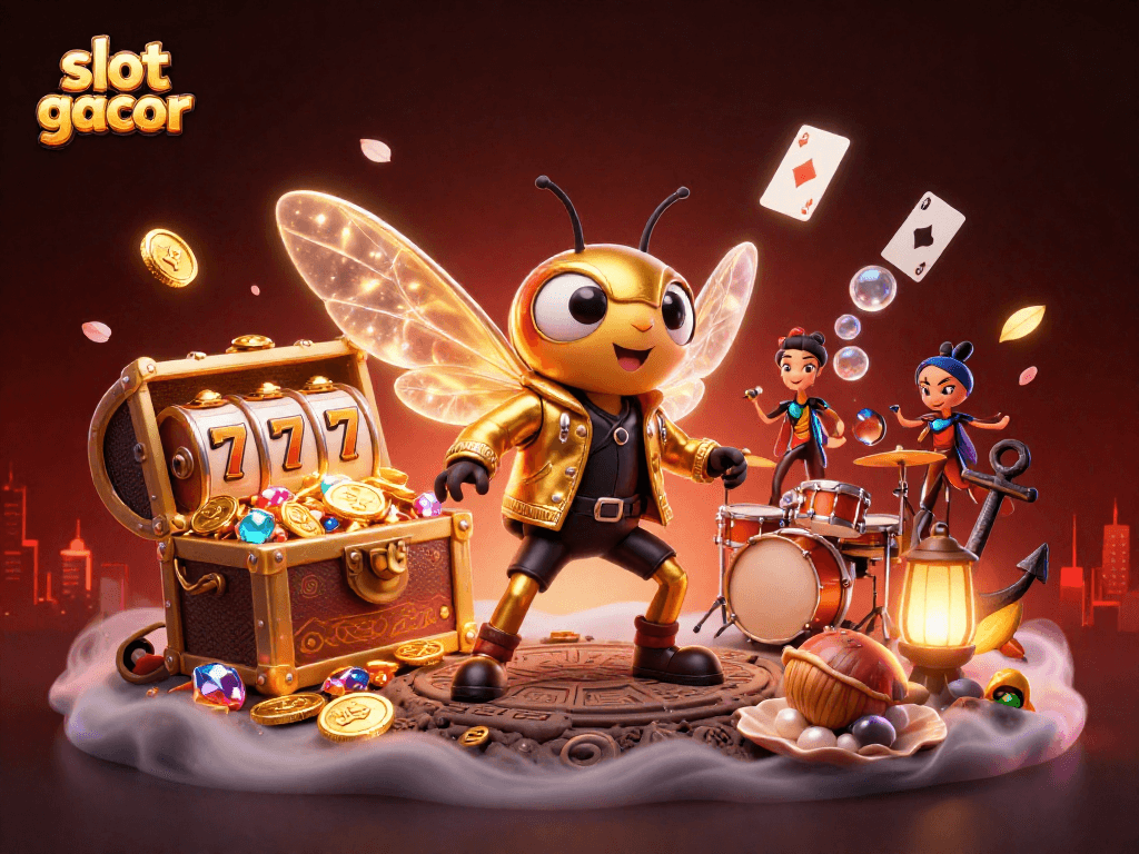 Slot gacor menarik dengan ilustrasi 3D cicada rockstar dan elemen permainan kasino yang menakjubkan.