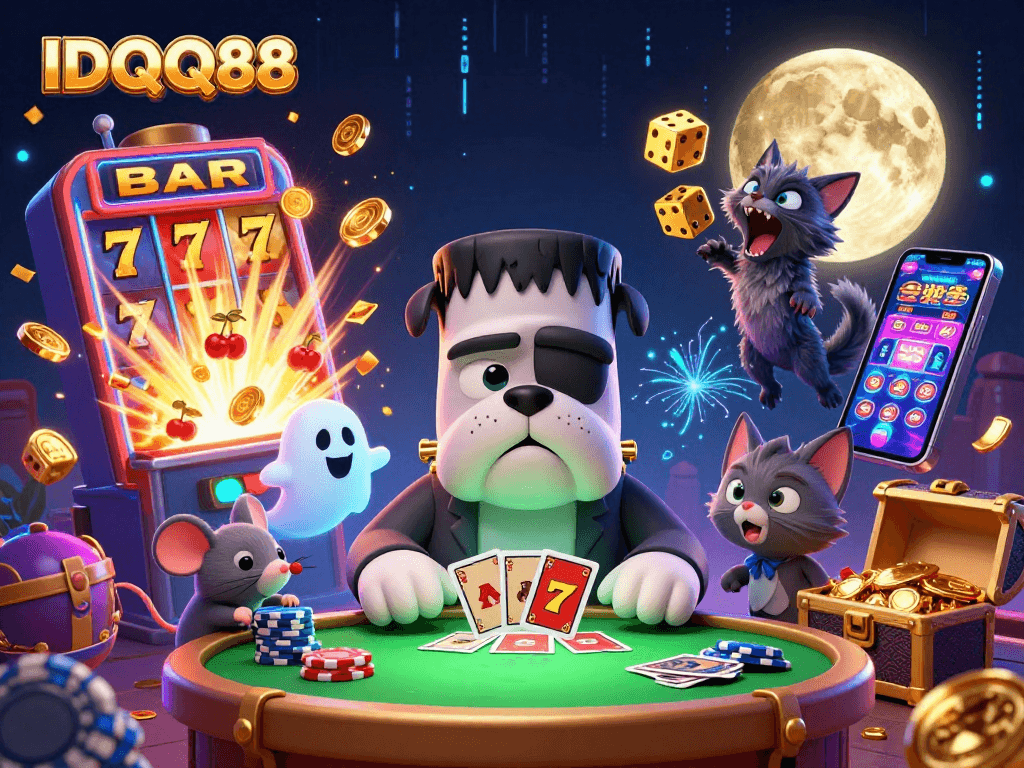IDQQ88 showcases a spooky casino scene with a Frankenstein bulldog, ghost mouse, and werewolf kitten.