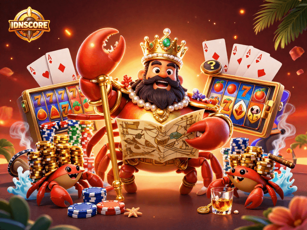 Experience IDNSCORE's vibrant slots with a golden crab emperor amongst winnings and excitement