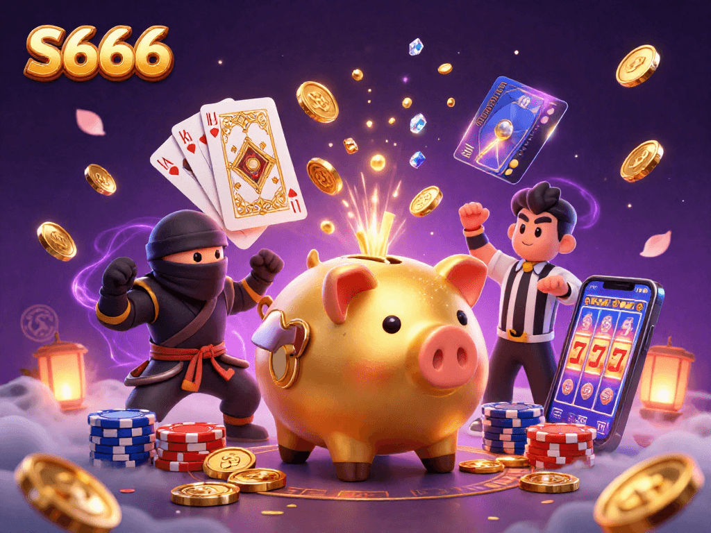 S666 casino features dynamic 3D illustration with a gold piggy bank and captivating game elements.
