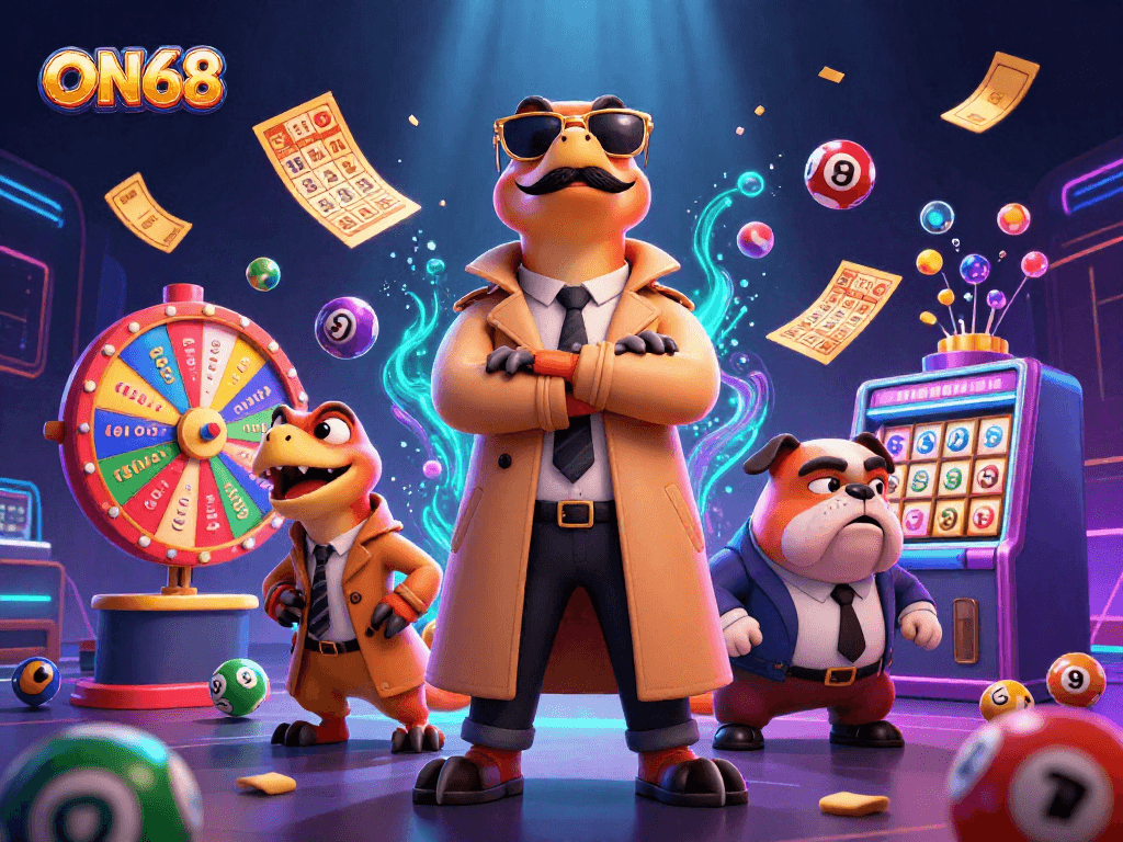 Players engaging in fun at the ON68 casino, surrounded by dynamic colorful gaming elements.