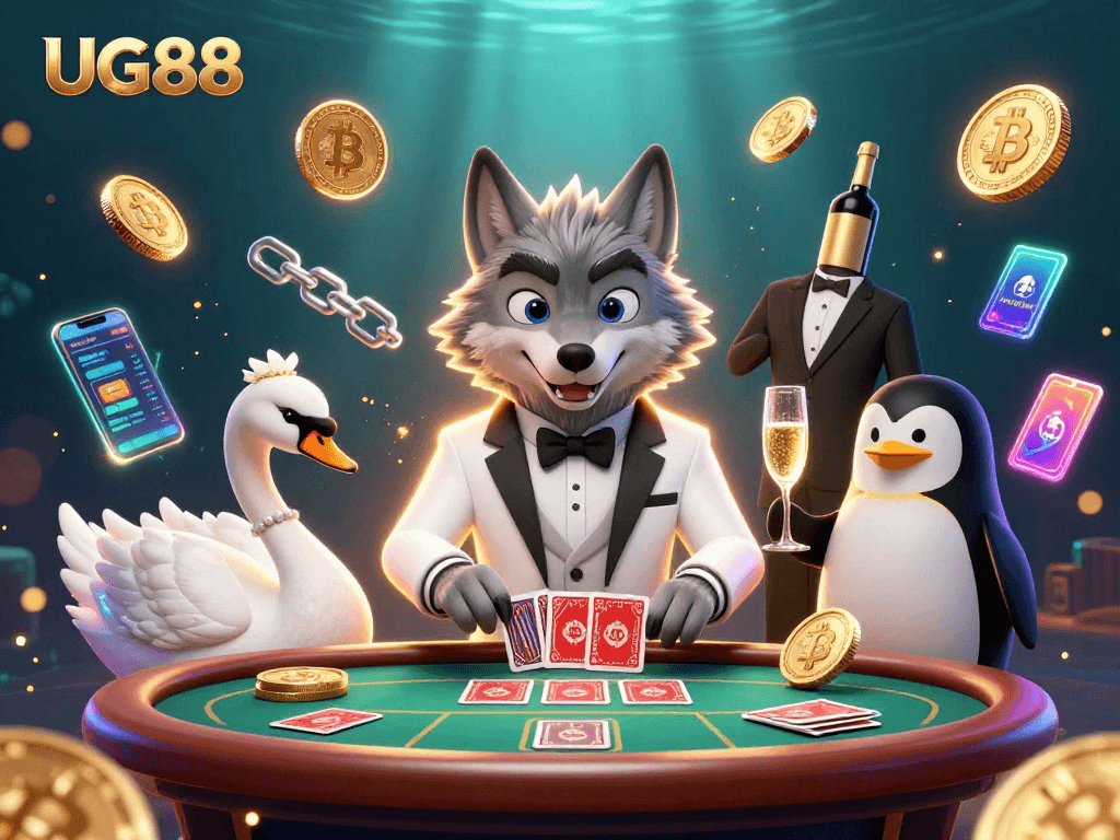 Experience vibrant gaming at UG88 featuring a debonair wolf and elegant swan on a baccarat table.
