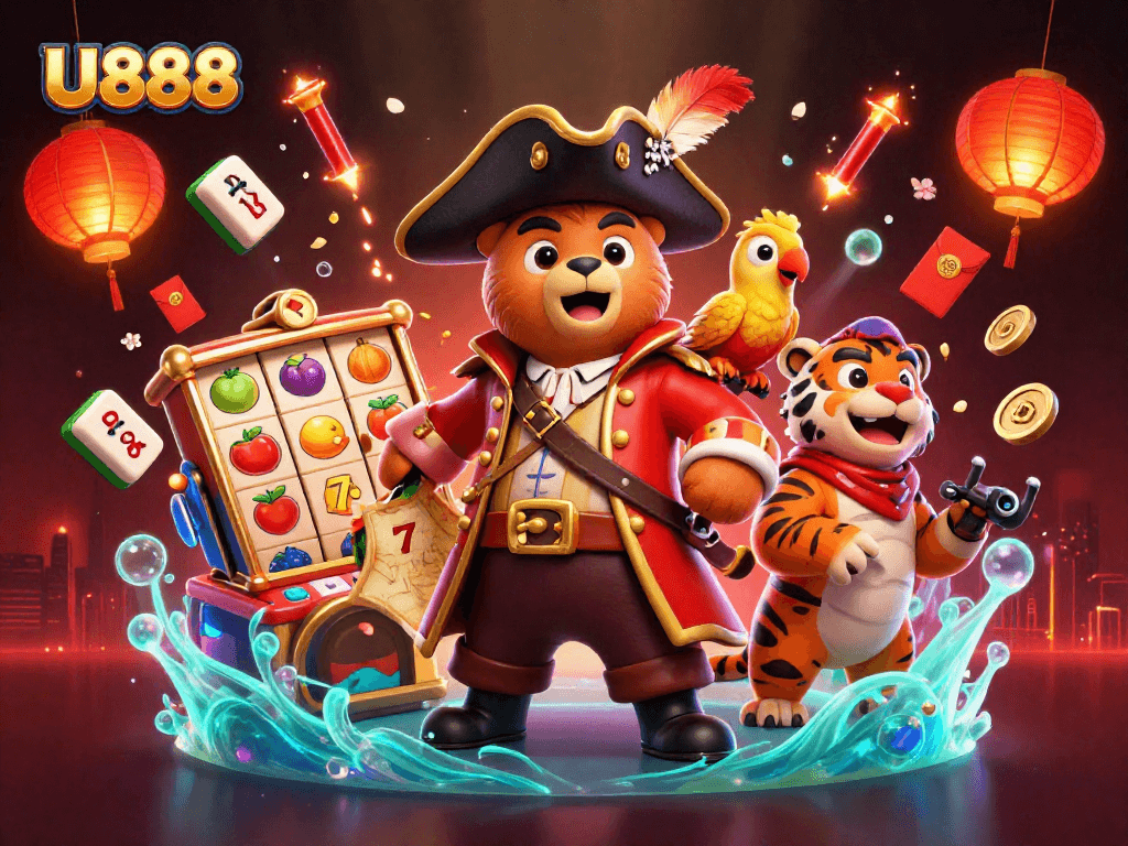 Engage with U888's vibrant slot reels featuring fruit symbols and jackpots in a dynamic casino scene.