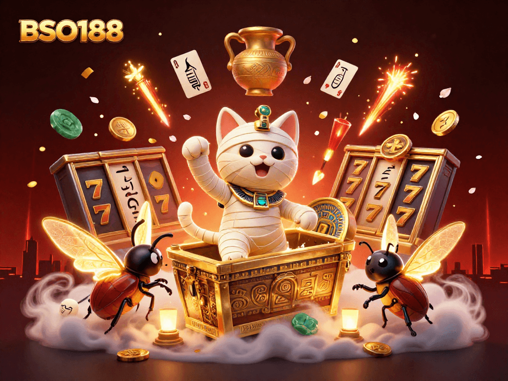 Experience thrilling slots action as BSO188 comes alive with an Egyptian mummy cat in a splendid casino