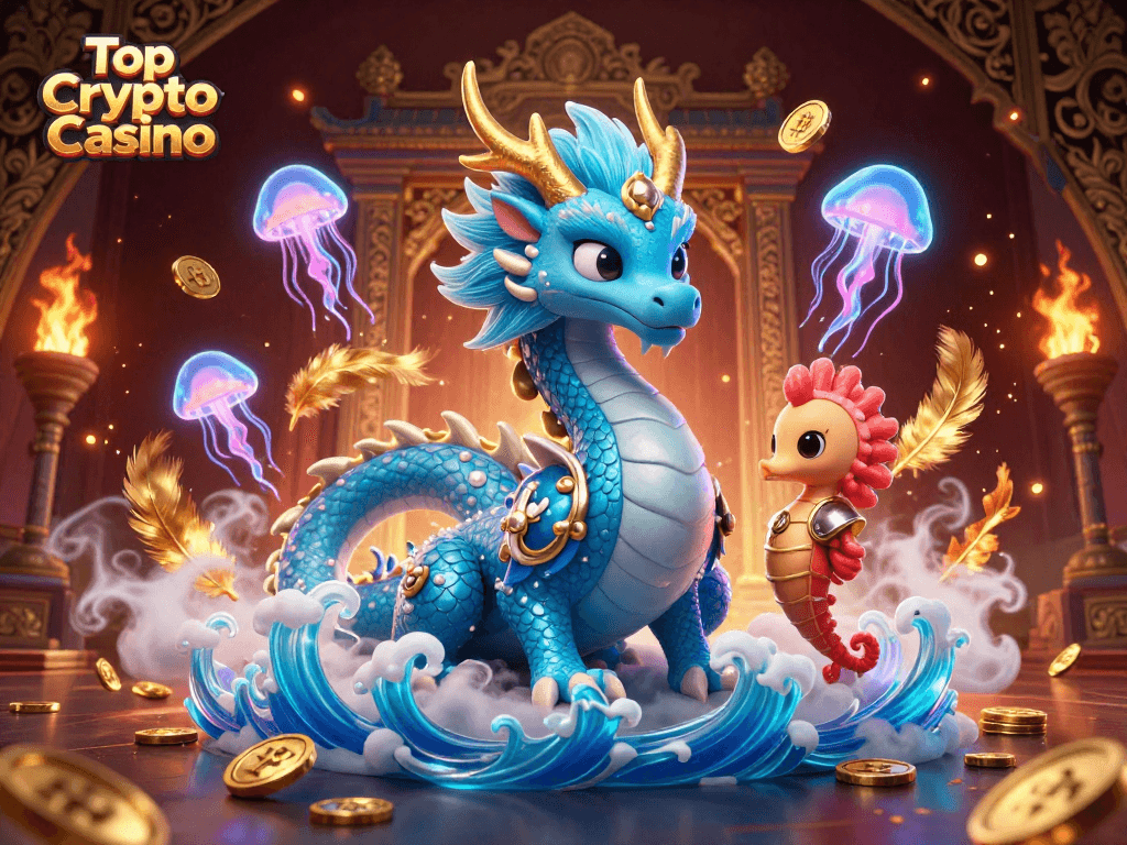 Engage with the Top Crypto Casino scene featuring a water dragon, seahorse knight, and floating jellyfish.