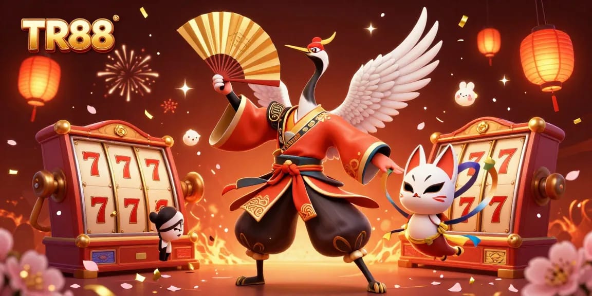 Experience the excitement of TR88 with a vibrant illustration of a kabuki crane and casino elements.