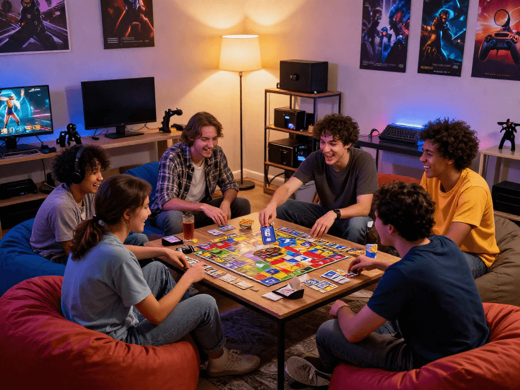Friends enjoying a lively kebuntoto game night in a cozy living room.