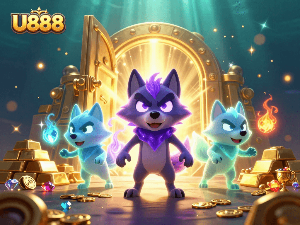 Experience thrilling gaming at U888 with a captivating 3D illustration of ghostly wolves and treasure.