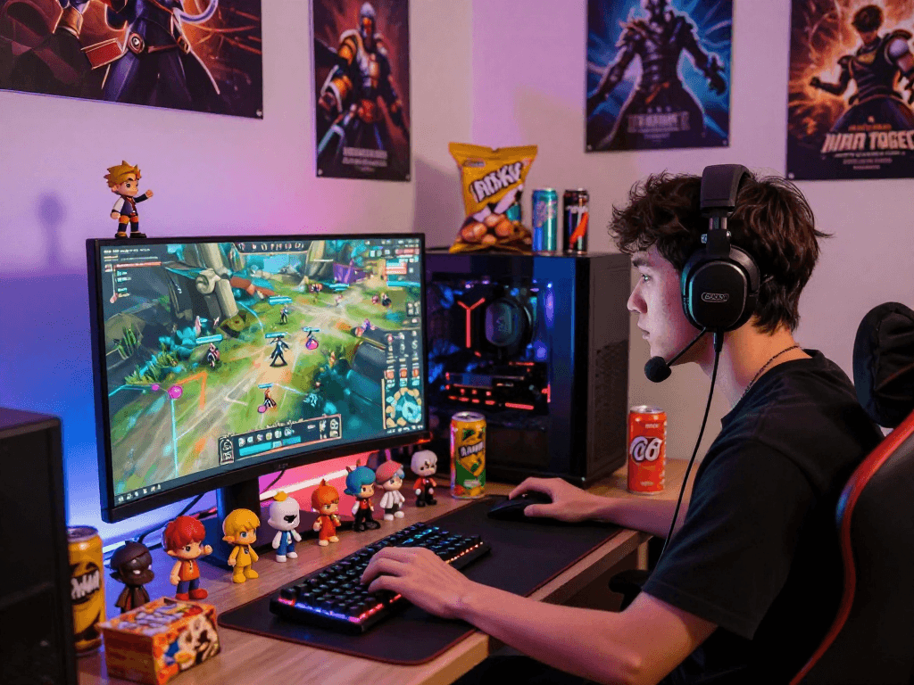 Gamer deeply focused on gacha168 gameplay in a colorful and immersive environment.
