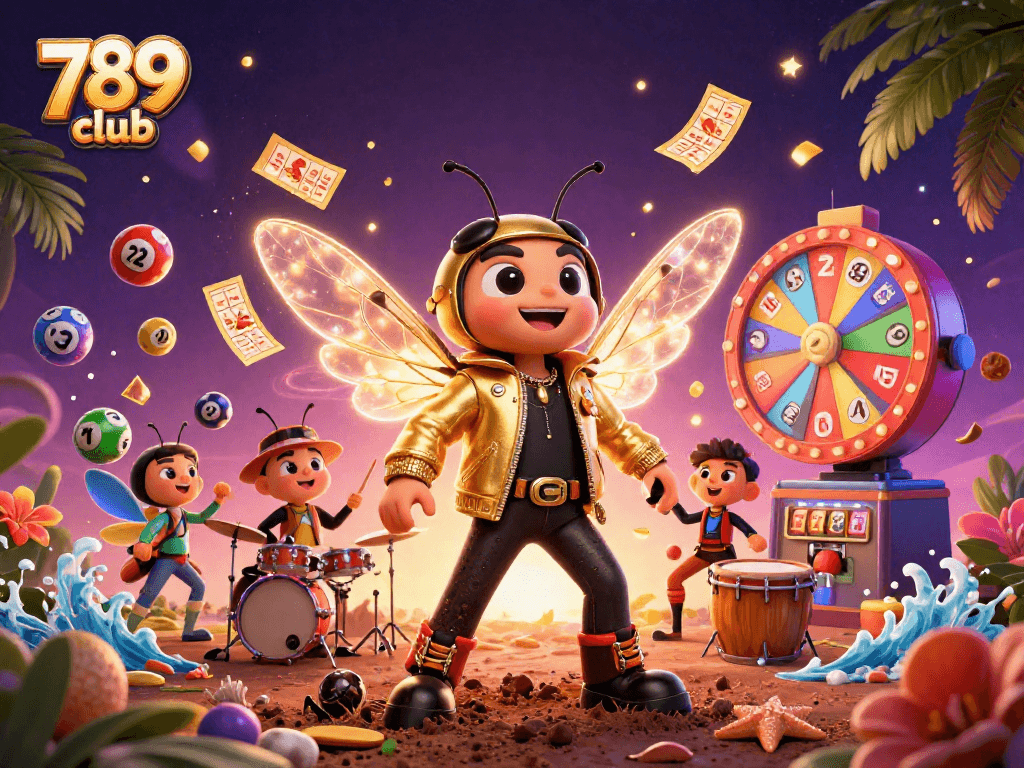 Engage with 789 club's vibrant casino scene featuring a buzzing cicada rock star, dynamic game elements, and an electrifying atmosphere.