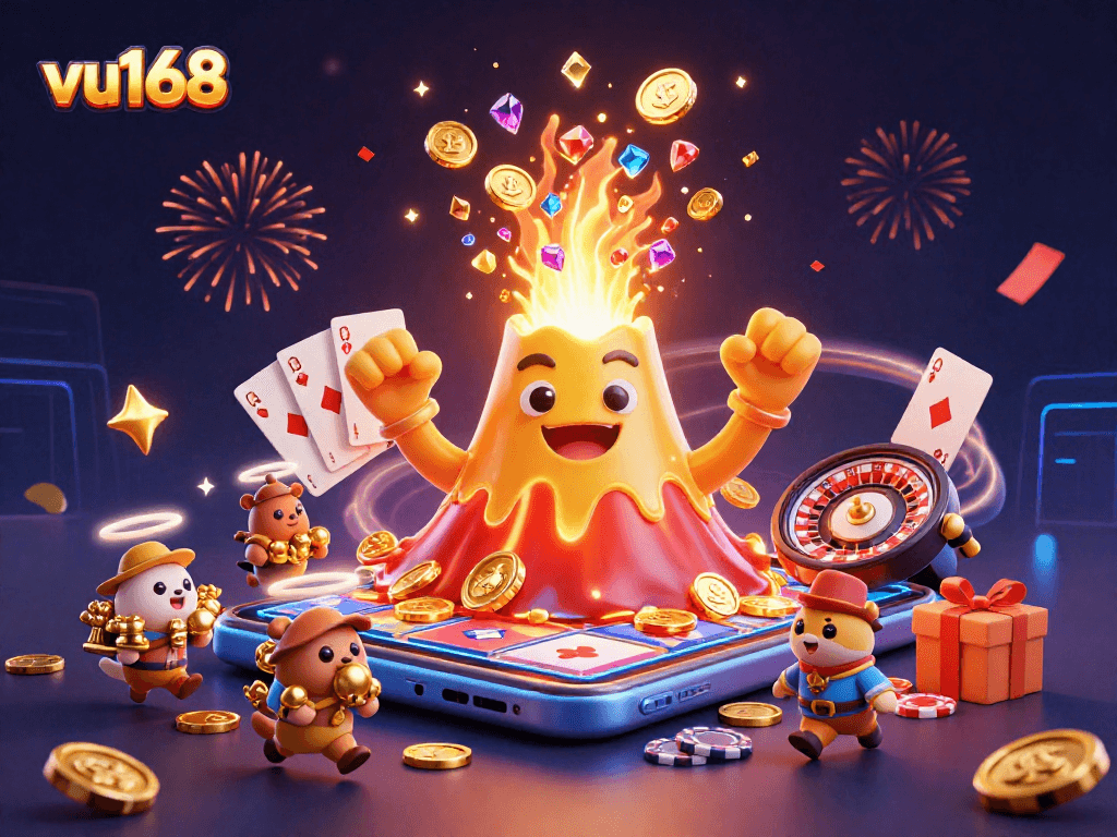 Experience the vibrant excitement of vu168 with dynamic gaming treasures and animated volcano action.