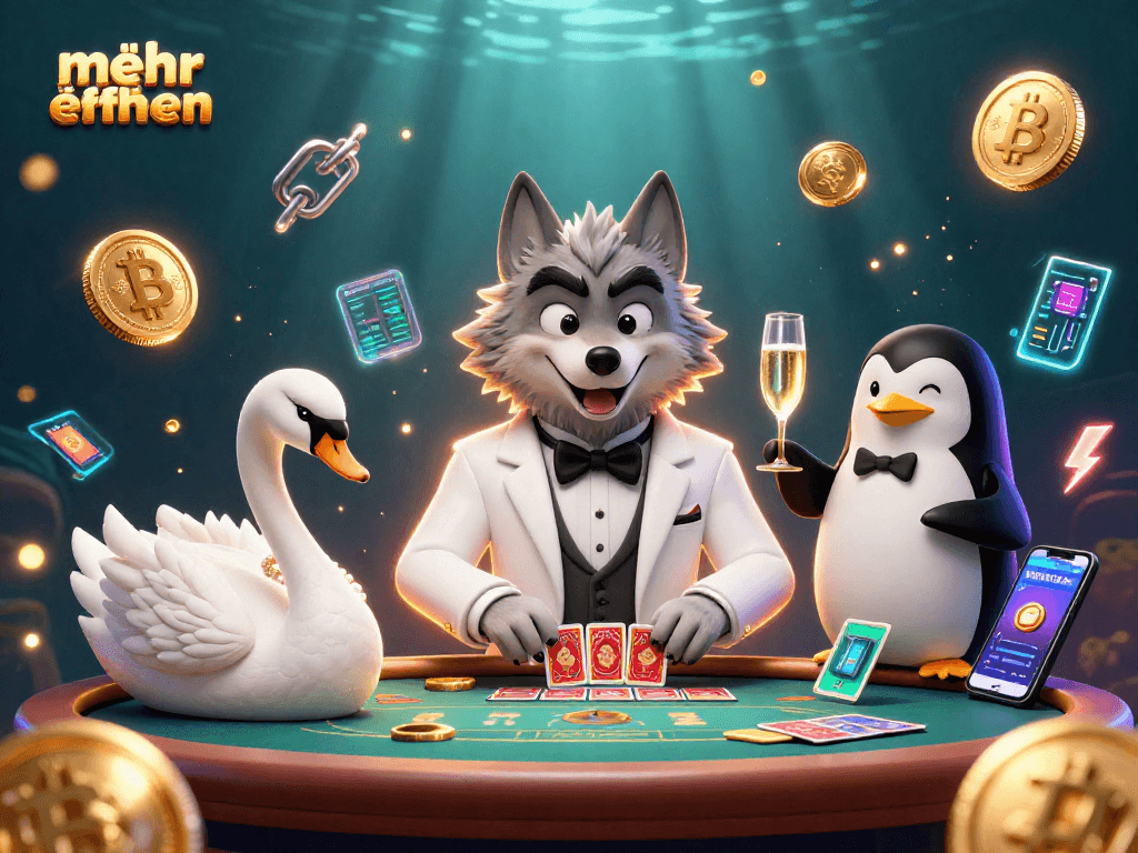 Experience mehr erfahren as a debonair wolf plays baccarat with a swan dealer and a penguin sommelier.