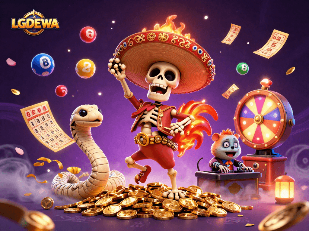 Experience the thrill of LGODEWA with vibrant lottery elements in a lively 3D casino scene.