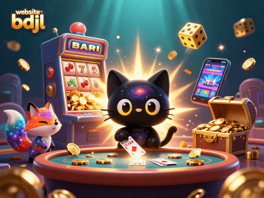 Engage with exciting games at website bdjl, featuring vibrant 3D illustration of cosmic gambling and adventures.