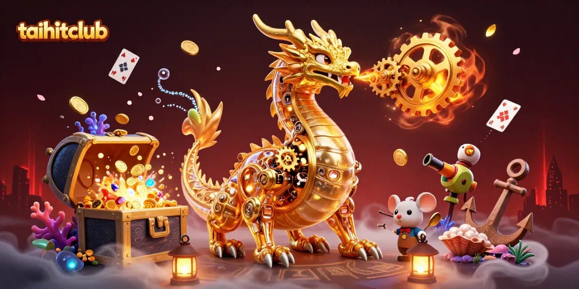 Play vibrant games at taihitclub with a stunning 3D dragon illustration showcasing gold and gems.