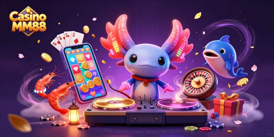 Experience the lively Casino MM88 scene with neon characters dancing among vibrant gaming elements.