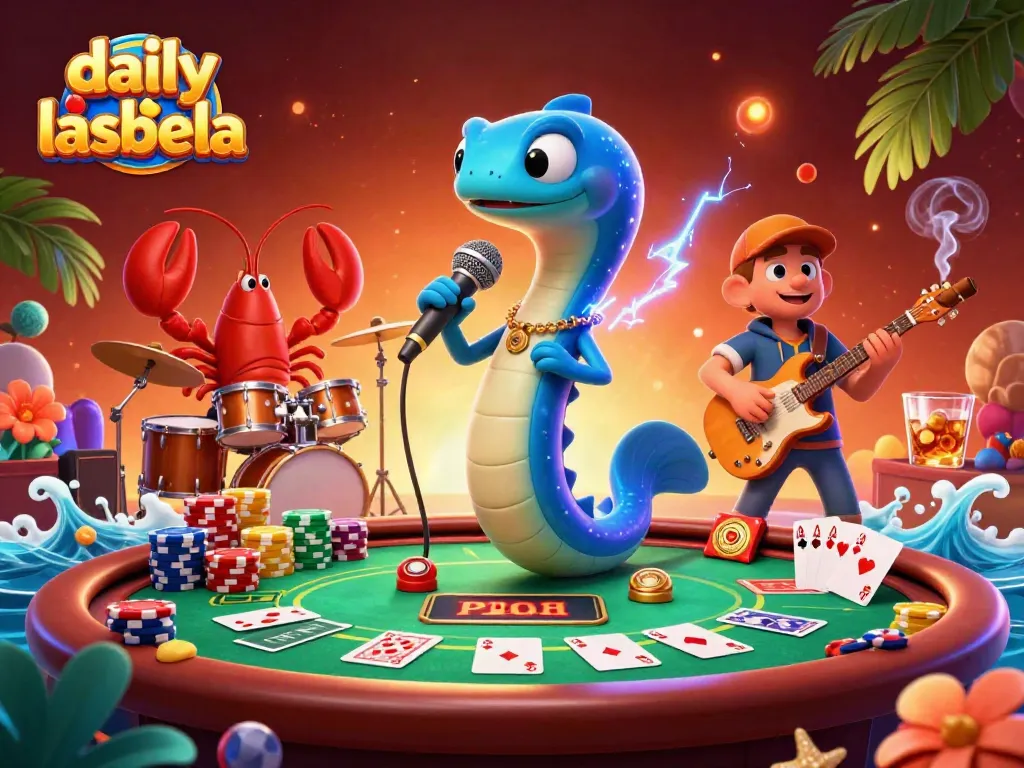 Engage with daily ak lasbela results in a vibrant underwater casino illustration showcasing an electric eel DJ.