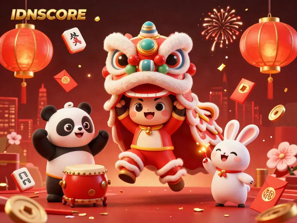 Experience high-energy gameplay at IDNSCORE, showcasing a vibrant festive 3D lion dance surrounded by gaming elements.