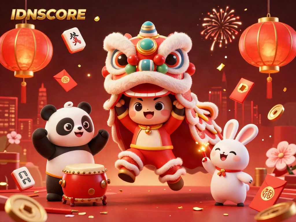 Experience high-energy gameplay at IDNSCORE, showcasing a vibrant festive 3D lion dance surrounded by gaming elements.