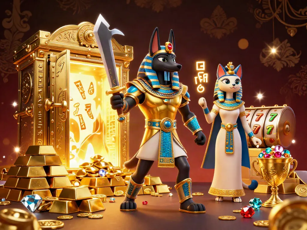 Engage with xoilac as Anubis and Bastet navigate a vibrant casino realm filled with wealth.