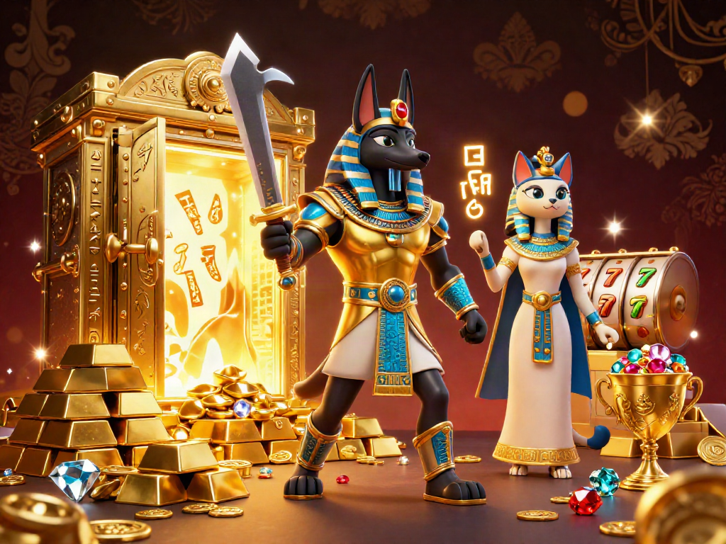 Engage with xoilac as Anubis and Bastet navigate a vibrant casino realm filled with wealth.