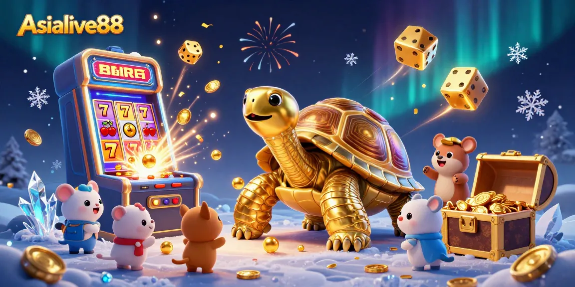 Engage with the exciting Asialive88 casino slot experience as coins and symbols burst around a golden tortoise.