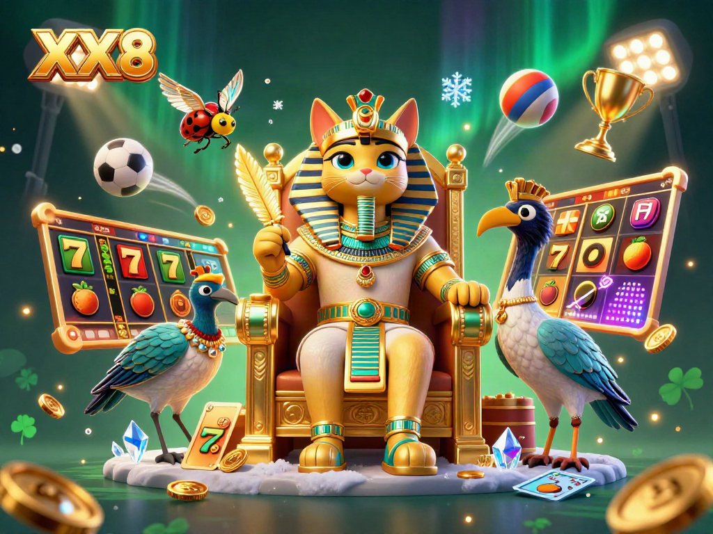 Experience the thrilling world of XX8 with a vibrant 3D scene of games and gambling excitement.