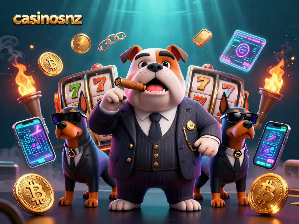 Engage with casinosnz featuring a mafia boss bulldog and bodyguard Dobermans in a vibrant casino scene