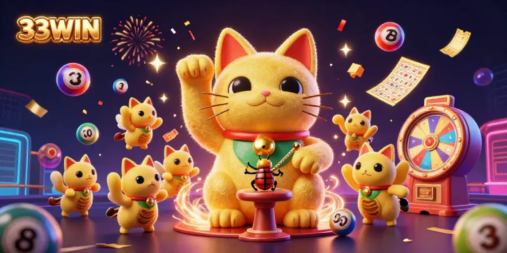 Experience excitement with 33WIN as a giant lucky cat and fireflies energize the casino scene.