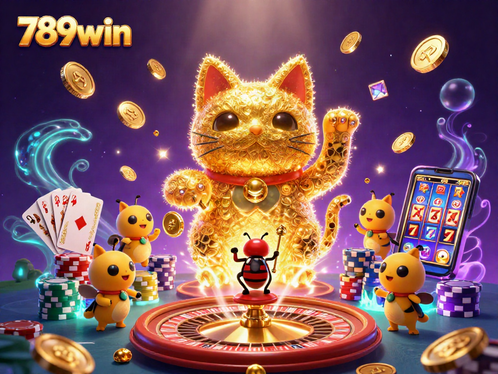 Witness the vibrant 789win celebration with a golden lucky cat, casino symbols, and dynamic game elements.