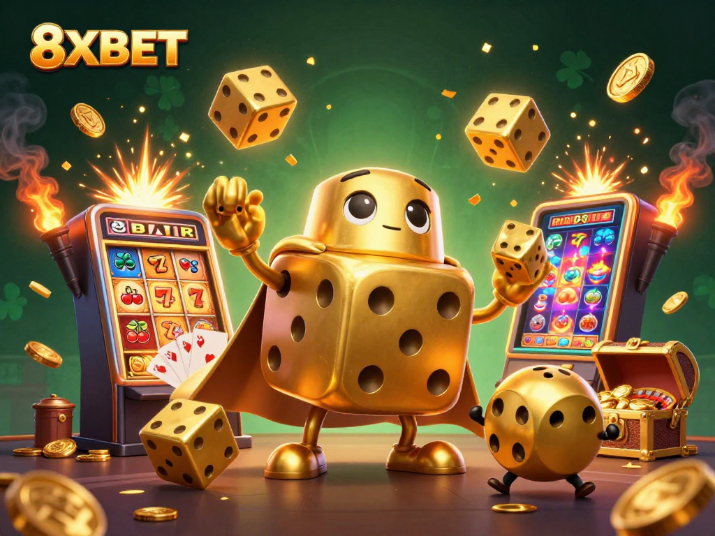 Engage with 8XBET's thrilling atmosphere featuring a golden dice golem, jackpot slot machine, and rich casino elements.