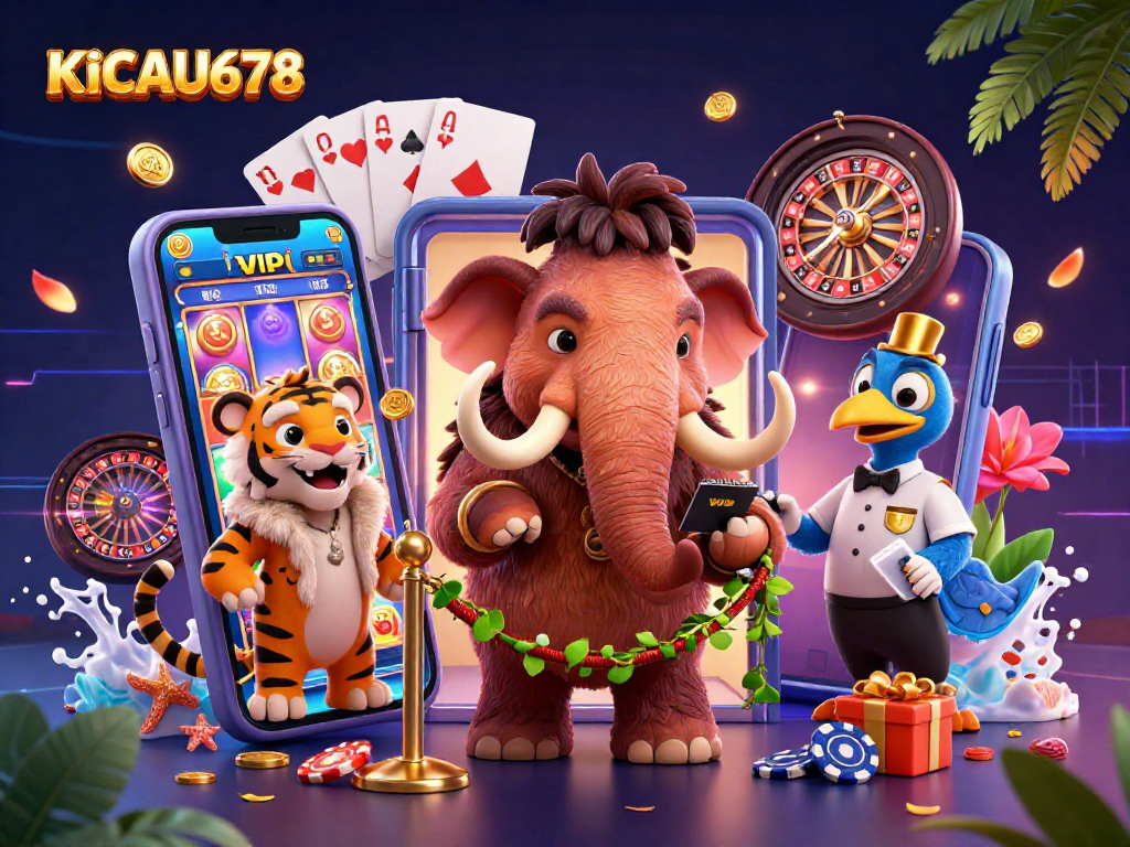 KICAU678 showcases a vibrant scene with a mammoth bouncer and slot game excitement.