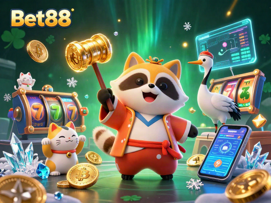 Bet88 offers an exciting casino experience with a festive tanuki, crypto elements, and vibrant visuals.