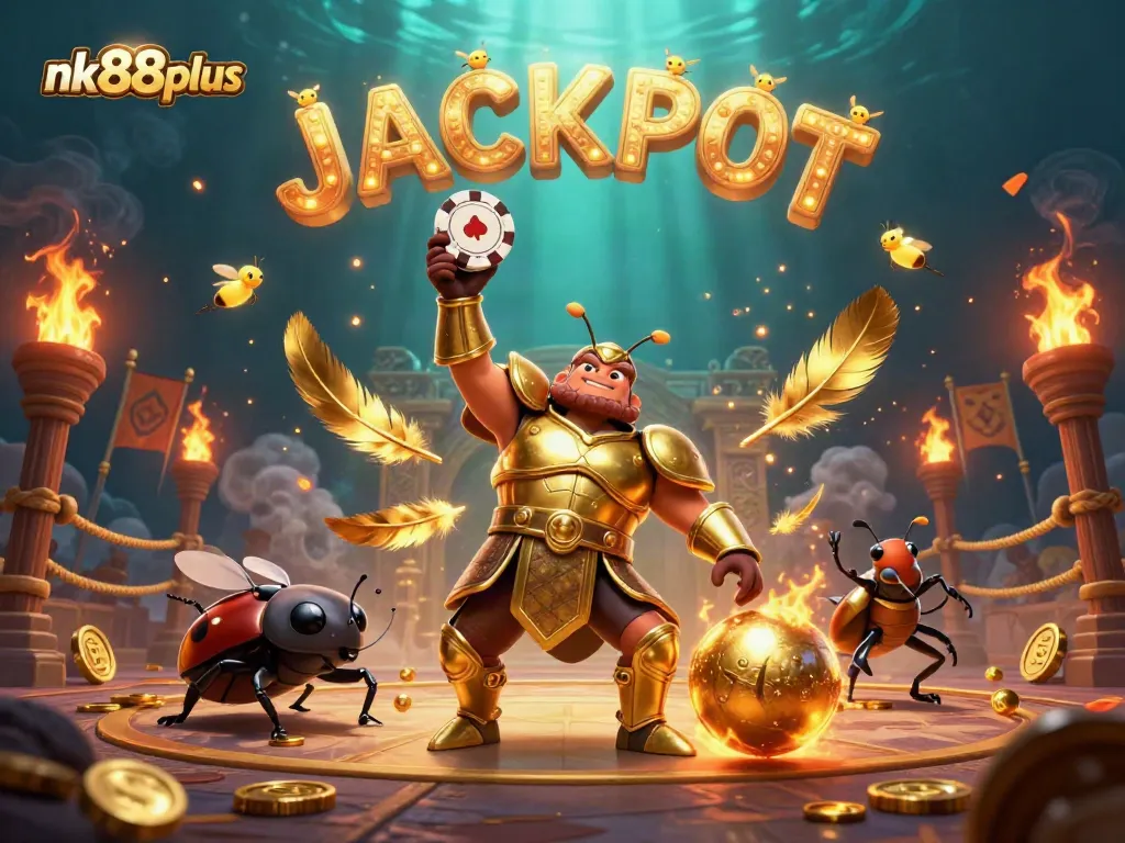 Experience the thrill of nk88plus with a victorious beetle champion and vibrant casino elements in 3D.