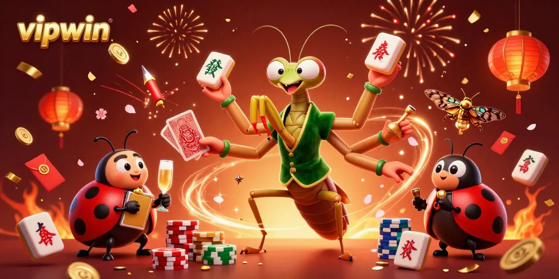 Win at vipwin with a vibrant casino scene featuring a giant praying mantis card dealer, ladybug pit boss, and celebratory elements.