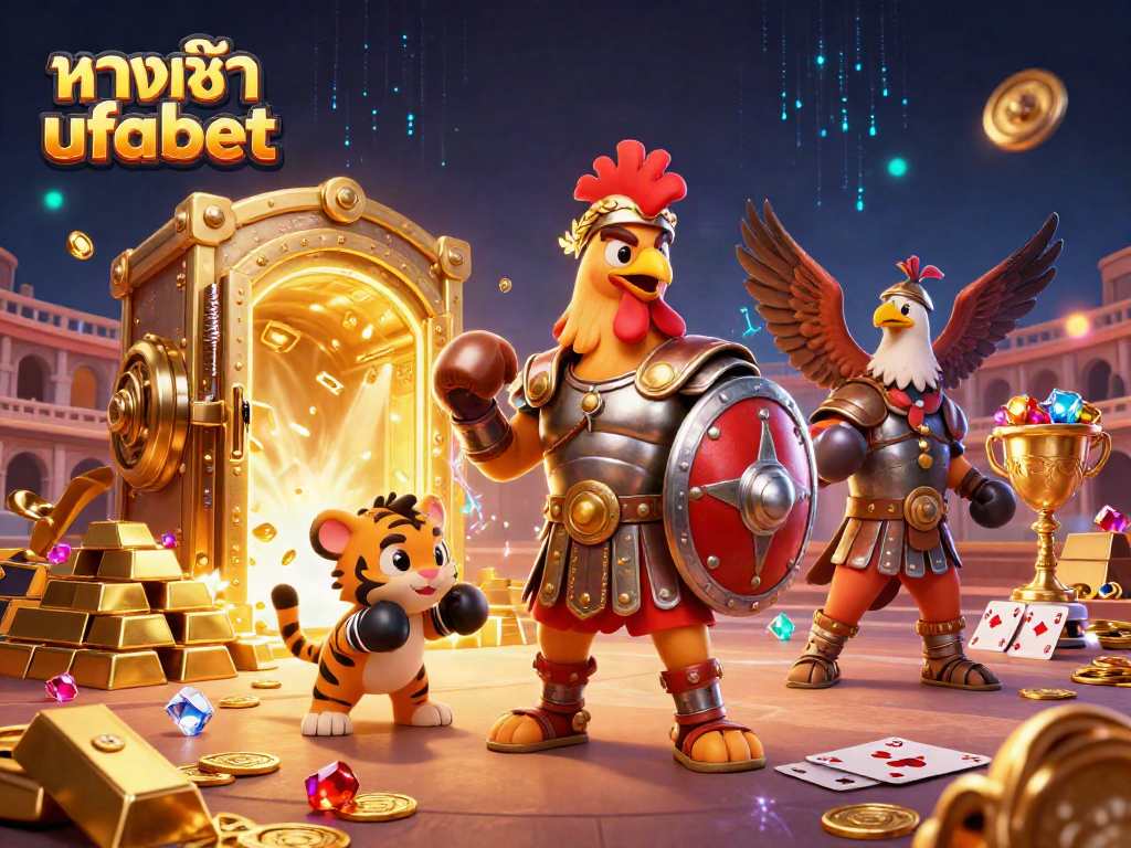 Engage with ทางเข้า ufabet through a lively casino scene featuring a cartoon gladiator rooster, treasure vaults, and lively poker elements